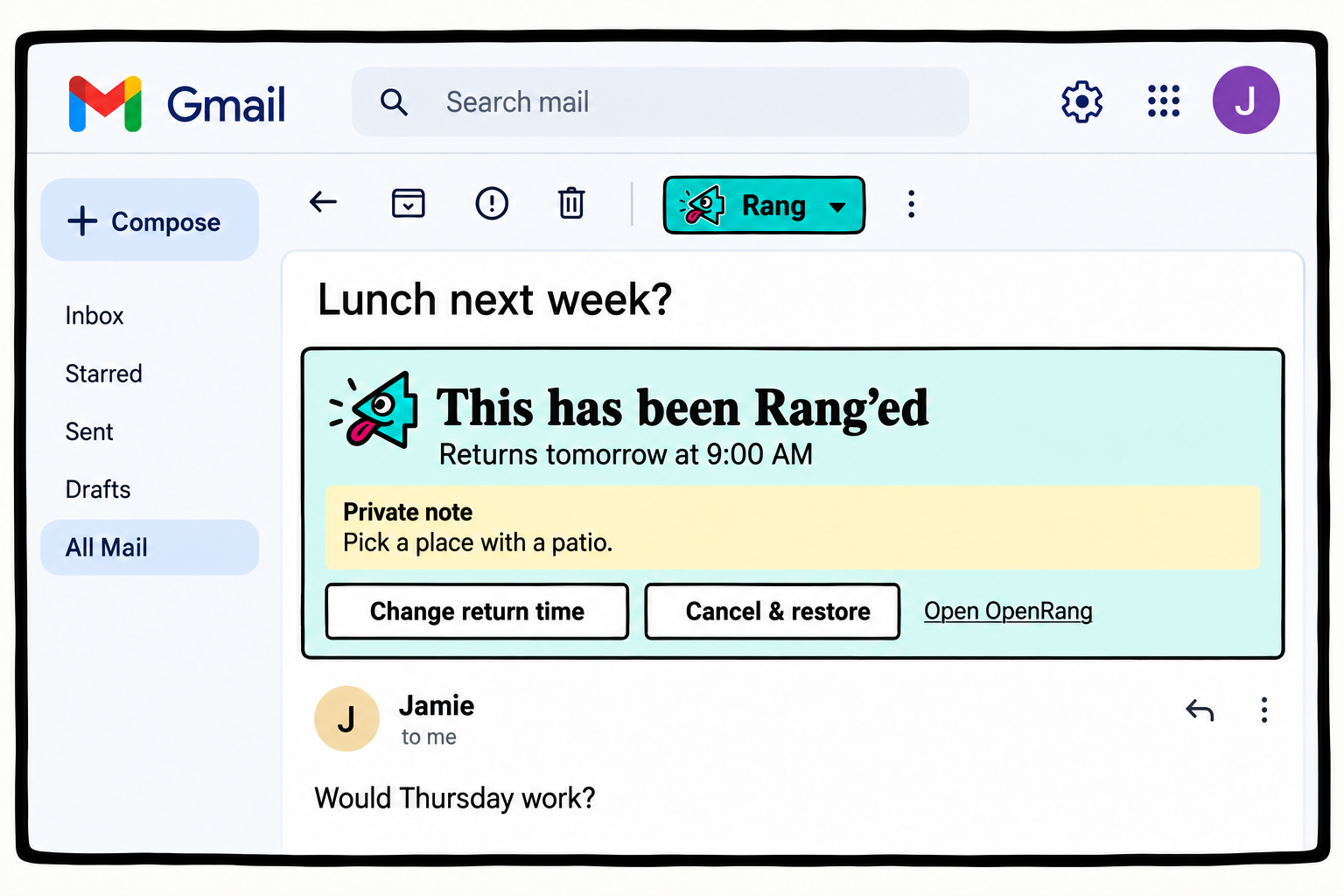 Illustration of a scheduled Rang in Gmail with its return time, private note and change or cancel controls