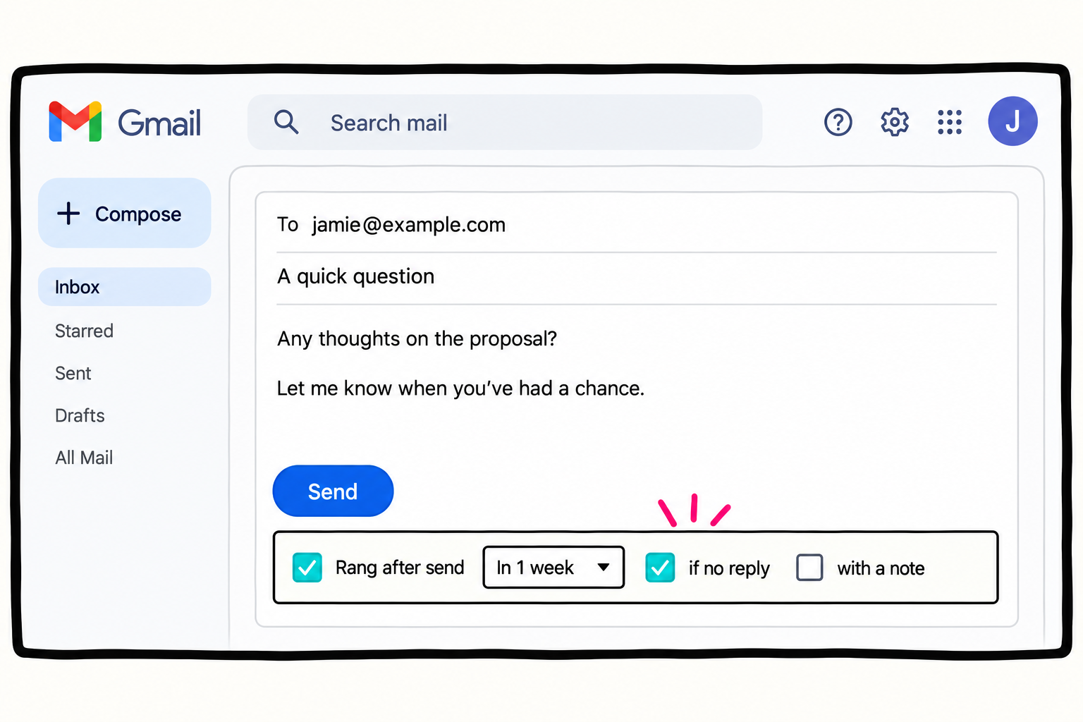 Illustration of OpenRang's after-send reminder and if-no-reply controls beneath Gmail's Send button