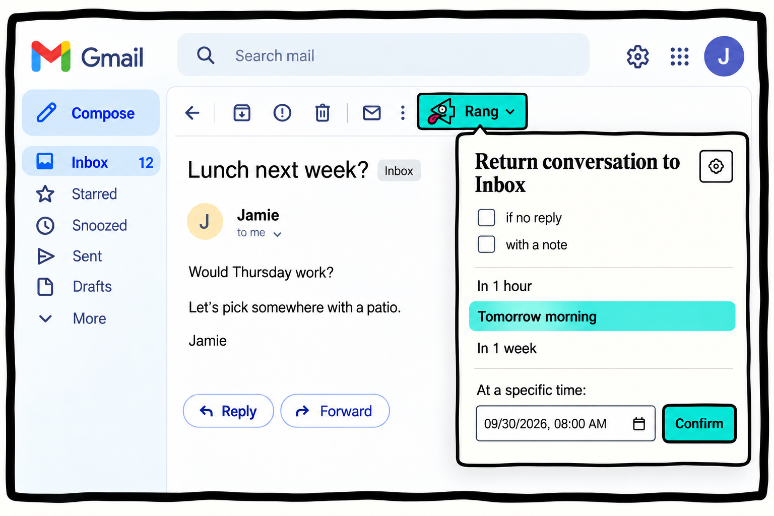 Illustration of OpenRang's return-time picker inside a Gmail conversation